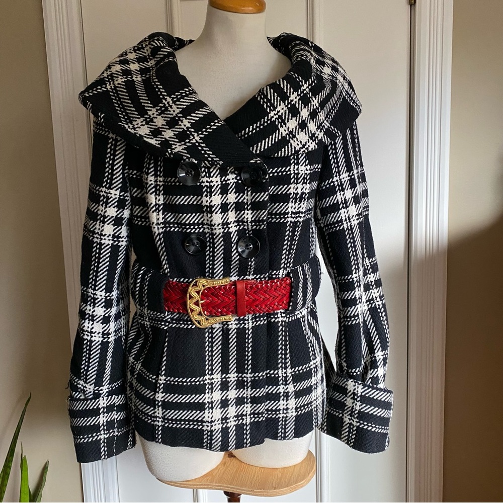 Striking plaid winter coat with cool red belt